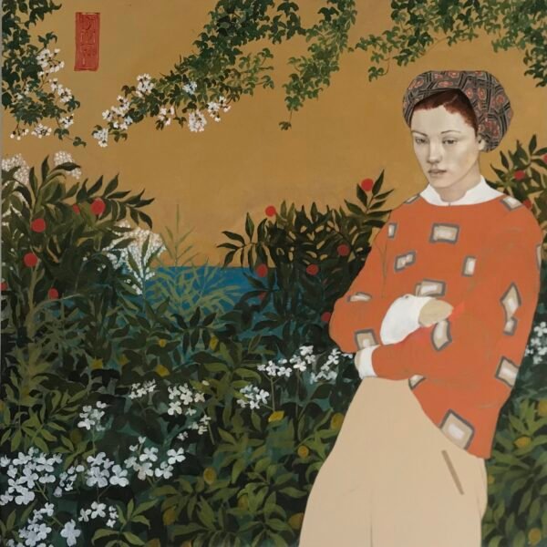 Peinture acrylique sur bois. Une femme dans un jardin